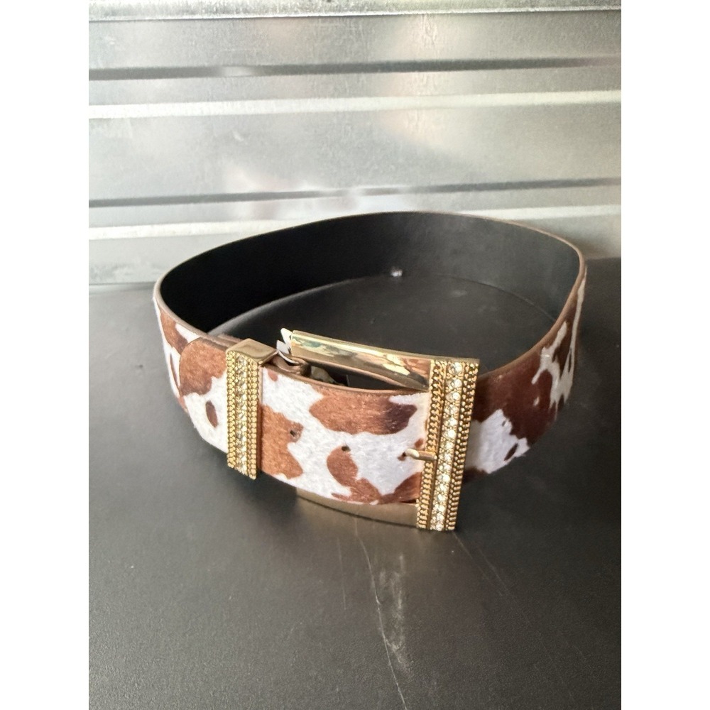 Wide Cowhide Print Belt with Gold Buckle